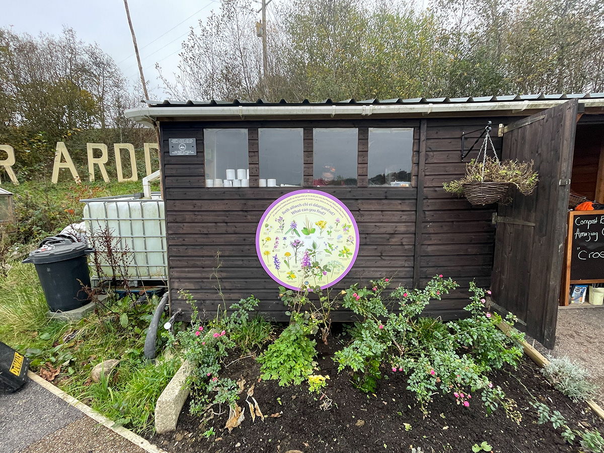 Photograph of a dark brown shed at Yr Ardd. With a flower identity board on the wall.